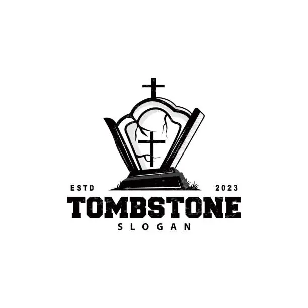 Vector illustration of Tombstone Logo, Tomb Cemetery Cross, Vector Vintage Label, Retro Badge, Inspirational Design