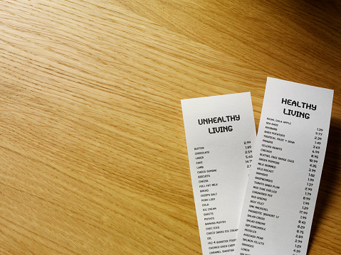 Shopping receipts for good and bad foods, on a table with copy space.