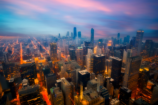 Chicago skyline at night, IL,