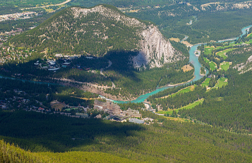 Aerial view of Banff town and Banff Springs Hotel with Bow river, Banff national park, Alberta, Canada.