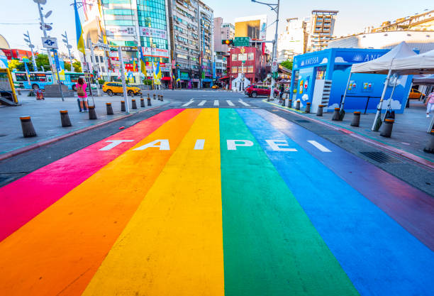 Rainbow Road crossing in front of Ximen station exit 6 near Ximending. stock photo
