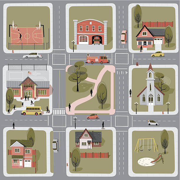 Neighborhood Another day at the neighborhood. Detailed map with six complete buildings and cars. city map illustrations stock illustrations
