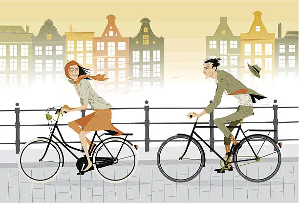 Vector illustration of Cartoon animated couple on a city bike ride