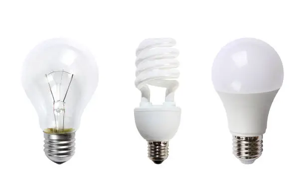 Photo of Tungsten bulb, fluorescent bulb and LED bulb