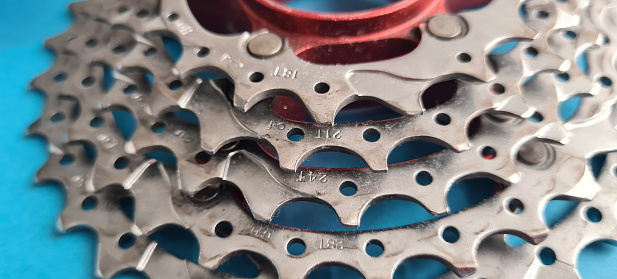 Bicycle roller chain transmits power from pedals to drive. Rear cassette for mountain bike transport component concept