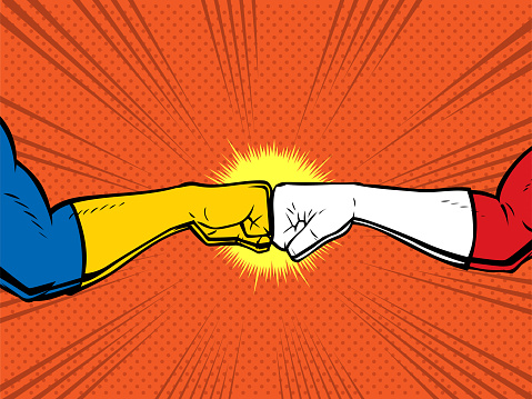 A pop art style vector illustration of hands of superhero doing fist bump. Easy to grab and edit. Wide space available for your copy.