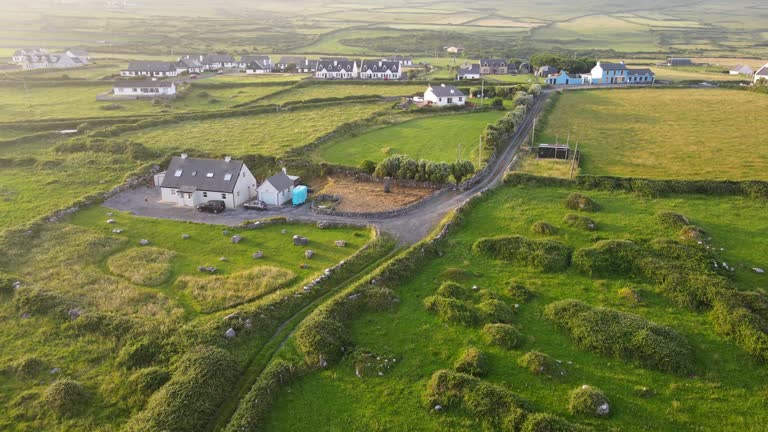 Irish rural scenery and landscape with cottages in the morning