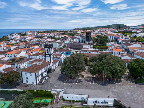 Aerial view of Municipality and Central square of Ribeira Grande, Sao Miguel, Azores, Portugal.