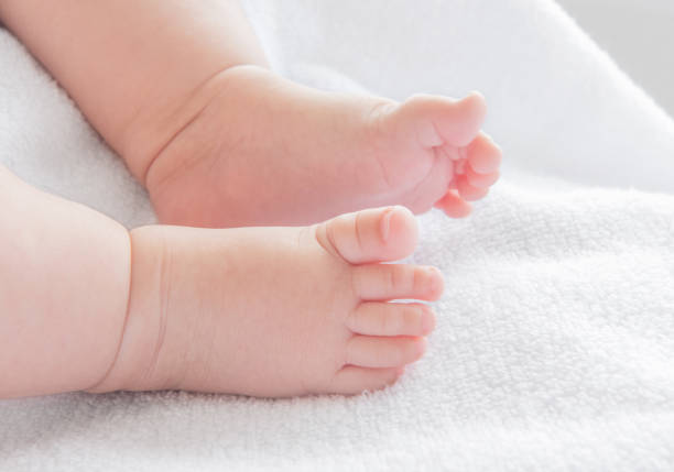 istock Tiny newborn baby feet closeup on a white blanket 1566502246