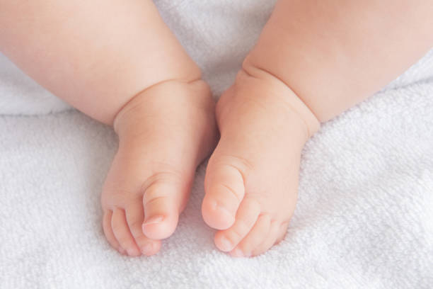 istock Tiny newborn baby feet closeup on a white blanket 1566502758