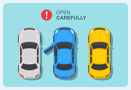 Open your car's door carefully. Top view of cars on parking. Blue sedan car with opened front door. Flat vector illustration template.