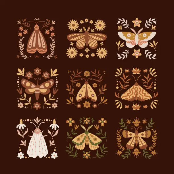 Vector illustration of Boho Butterflies with nature elements