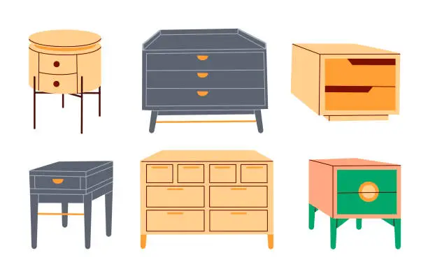 Vector illustration of Storage furniture set. Designer chest of drawers for the bedroom. Storage cabinet in the living room.