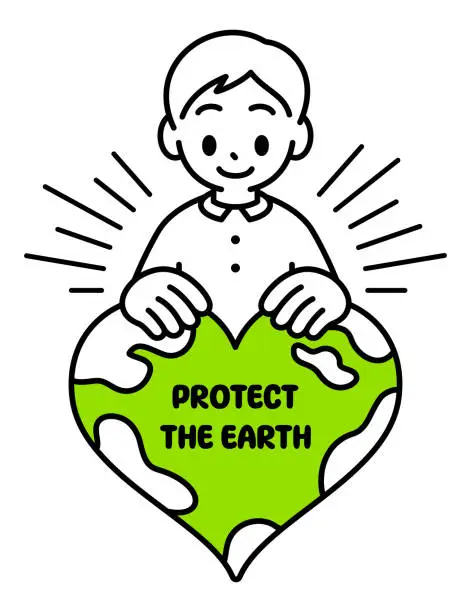 Vector illustration of A boy embracing the planet Earth, minimalist style, black and white outline, the concept of Save The Planet, sustainability, and environmental protection