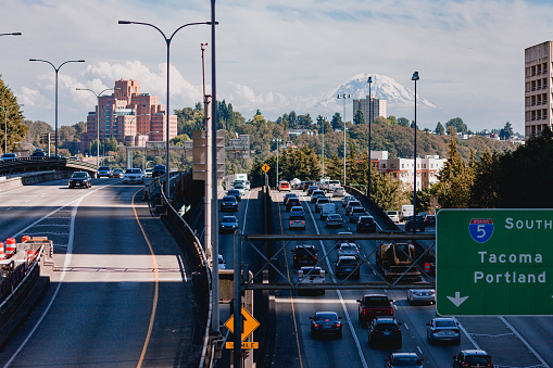 Multiple lane interstate freeway overpass, in Seattle Washington where Interstate 90 connects with interstate 5