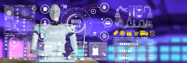 istock AI Robot push notebook computer Industrial technology Arm Robot AI Box product manufacturing industry technology  export import future Products food cosmetics apparel warehouse future. product podium 1566603102