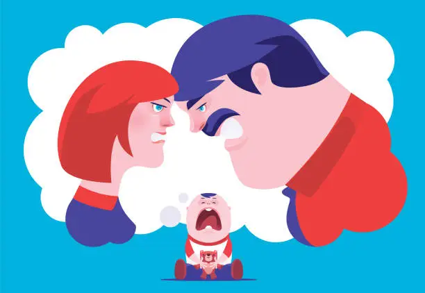 Vector illustration of little boy crying when thinking parents conflict