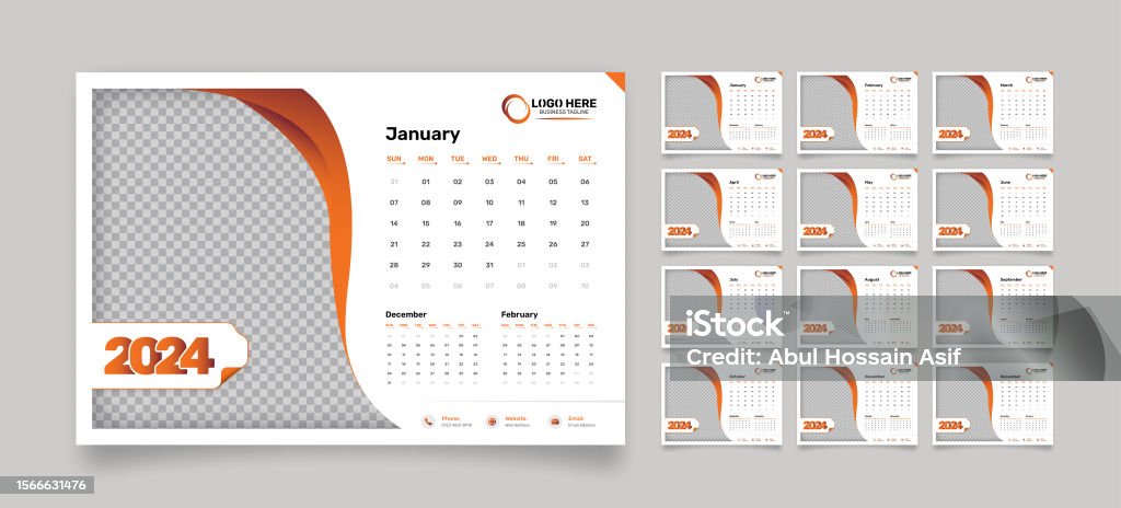 Modern 12 Pages Desk Calendar Template For The Year 2024 With Abstract