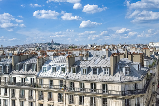 Paris, aerial view of the city, with Montmartre and the Sacre-Choeur basilica in background