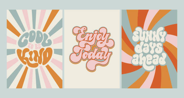 illustrations, cliparts, dessins animés et icônes de ensemble de 3 conceptions d’affiches groovy avec des citations positives écrites à la main. arrière-plan ondulé aux couleurs rétro arc-en-ciel. conception d’affiche tendance des années 60 et 70. typographie vintage. - hippie