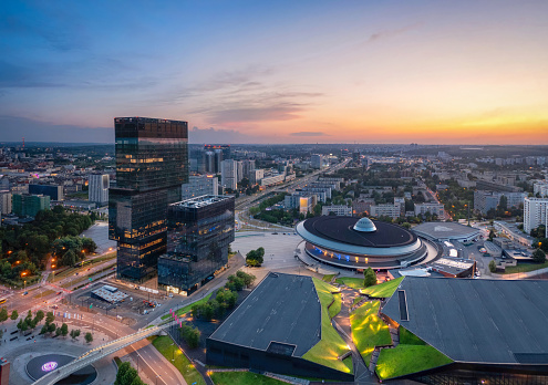 Katowice, Poland - July 18, 2023: Aerial cityscape with modern building and famous Arena Spodek