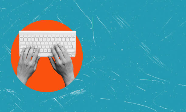 istock Contemporary art collage. Creative design. Female hands typing on computer keyboard. 1566652855