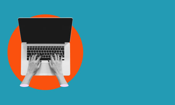 istock Contemporary art collage. Man's hands typing on a laptop, working with financial analytics, growing virtual money. 1566653979
