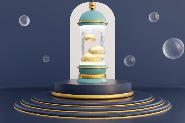 istock 3d background Glossy products display metalic podium scene with geometric platform. 1566667123