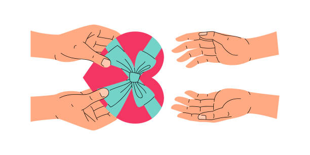 istock Top view of male hands passing heart-shaped gift box to female hands, flat vector illustration for Valentine's Day, birthday or Christmas 1566675646
