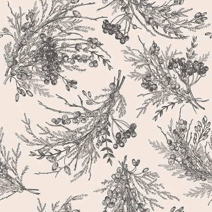 Seamless pattern with winter berry bouquets. Juniper, boxwood, viburnum, holly, holi, barberry. Botanical illustration. Vector. Black and white.