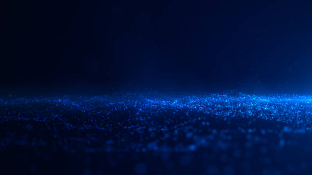 istock Blue color particles glittering wave flowing with dots and dust, Digital cyberspace abstract background, 3d rendering 1566681545