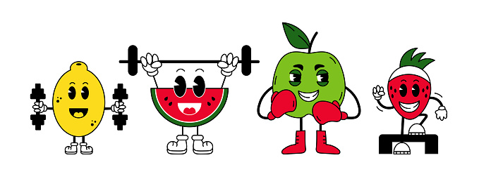 Funny retro characters take exercise. Healthy lifestyle collection. Vector illustration.