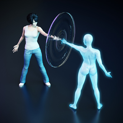 Generic CGI character touching her virtual avatar copy. 3D characters designed with Poser Pro software. No scanned real human textures used.