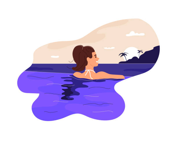 ilustraciones, imágenes clip art, dibujos animados e iconos de stock de mujer relajándose en la piscina infinita - infinity pool getting away from it all relaxation happiness