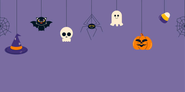 ilustrações, clipart, desenhos animados e ícones de feliz halloween fronteira sem costura com morcego, teia de aranha, fantasma, abóbora, chapéu de bruxa e doces - bat halloween spider web spooky