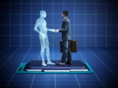 CGI Businessman character handshakes with his virtual avatar copy on a CPU. 3D characters designed with Poser Pro software. No scanned real human textures used.