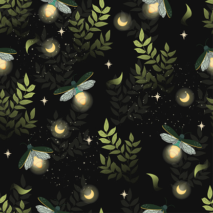 Fireflies in the grass. Seamless pattern. Vector illustration