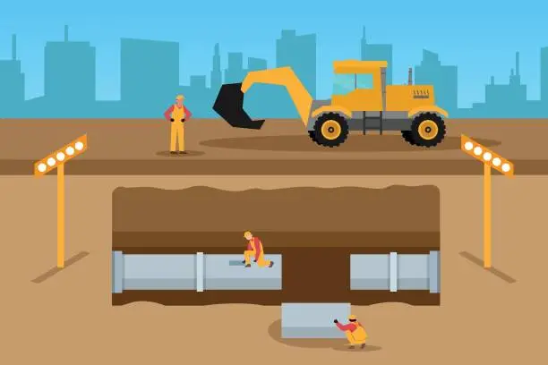 Vector illustration of Utility Services Repairing Pipeline Of Sewerage