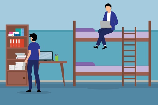 Teens living together in university dorm bedroom or hostel apartment with bunk bed 2d vector illustration concept for banner, website, illustration, landing page, flyer, etc