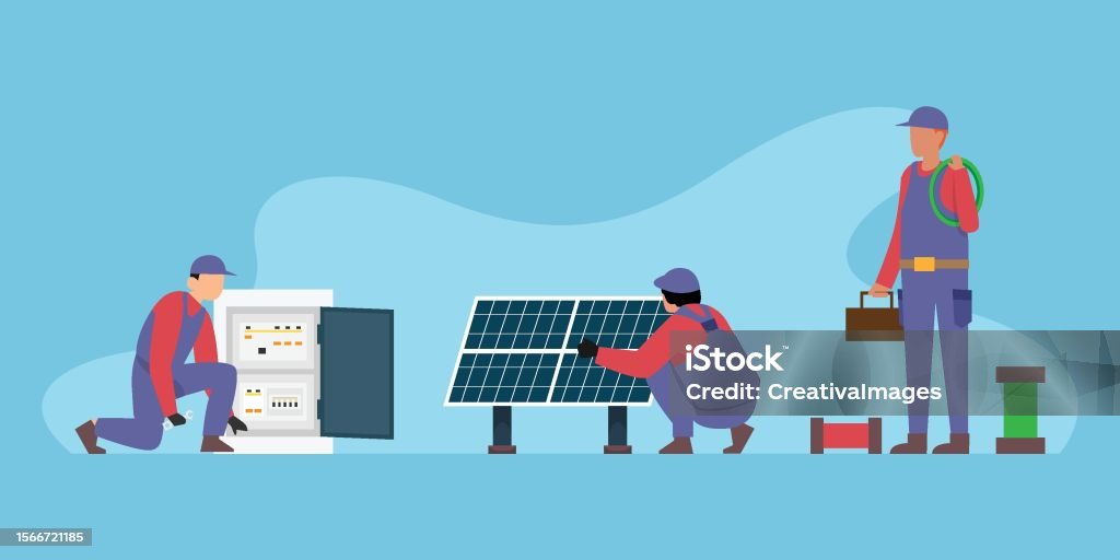 People Installing People Install Configure Solar Panel System Stock Illustration ...