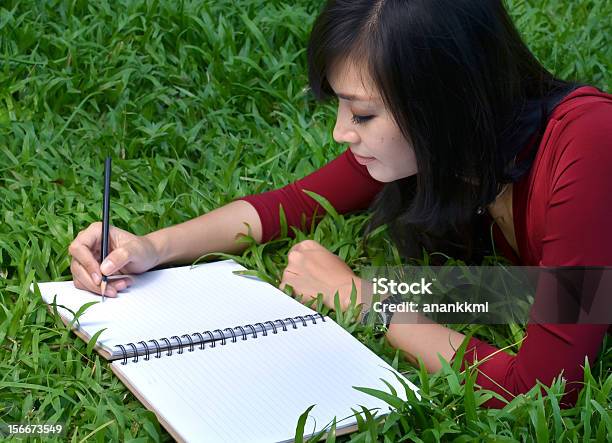 Hermosa Mujer Escribir Libro Foto de stock y más banco de imágenes de Acostado - Acostado, Adulto, Aire libre