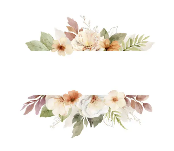 Vector illustration of Watercolor vector autumn banner with flowers and leaves. Trendy blush pink, peach, golden, cream, beige, brown flowers. Composition for greeting cards, wedding invitations and decorations.