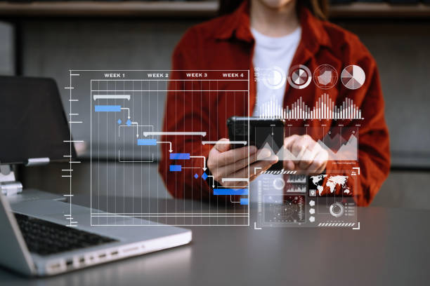 istock Businesswoman hand Project manager working and update tasks and Gantt chart scheduling virtual diagram.with smart phone, tablet and laptop in modern office. 1566738469