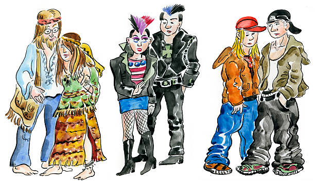 Рippie, punk and rock teens characters Set of hippie, punk and rock teens characters. Hand painted by photographer emo hair guys stock illustrations