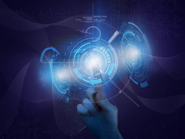 istock Woman's hand touching futuristic digital HUD interface with index finger. Technology background of virtual computer user interface screen display. Augmented reality, virtual reality, cyberspace and metaverse concept. 1566748734