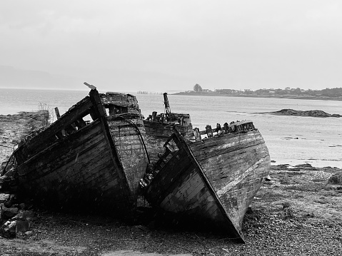Cape Islander style fishing boat abandoned on the Bay of Fundy coast.