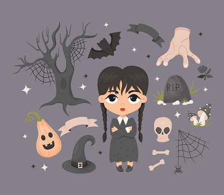 Spooky collection Halloween. Gothic witch girl with braids, pumpkin jack, skull, bones, scary tree, hand thing, witch hat, bat, cobwebs and grave. Isolated cartoon elements. Vector illustration