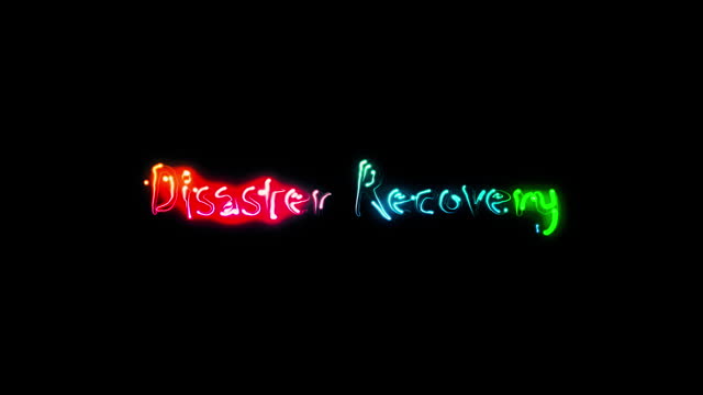 Disaster Recovery glow colorful neon laser text animation on black abstract background.