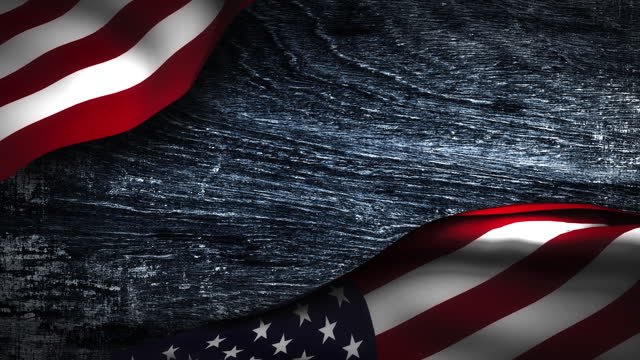 Loop USA  flag waving in wind animation with blank wood for your text textured abstract background concept. The National USA flag on denim frabric texture.