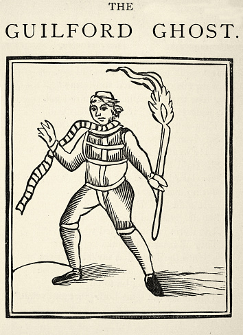 Vintage illustration of from an 18th Century Chapbook. The Guildford Ghost, The ghost of Mr Christopher Slaughterford, as appeared to Joseph Lee, his man, Roger Voller, and many others. Slaughterford was executed at Guildford, Surrey on 9th July 1709, for the murder of his sweetheart, Jane Young; He protested his innocence to the last and his ghost appeared for several days, crying 'Vengeance, Vengeance
